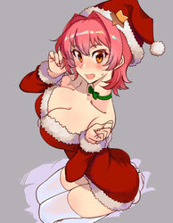 big_breasts blush choker christmas christmas_outfit cleavage detached_sleeves female female_only fur_trim high-angle_view kantai_collection kinu_(kantai_collection) kneeling kusanagi_tonbo looking_at_viewer neck_ribbon orange_eyes pink_hair santa_hat short_hair solo sweatdrop thighhighs white_legwear white_thighhighs