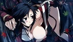 1boy black_hair blush female from_behind g_yuusuke hanging_breasts kajiri_kamui_kagura kujou_shiori large_breasts pale_skin shinza_bansho_series soujirou_mibu