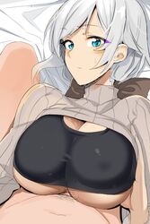 1boy architect_(frame_arms_girl) blue_eyes blush breasts closed_mouth clothed_female_nude_male clothes_lift doko_tetora female frame_arms_girl grey_hair grey_sweater huge_breasts looking_at_viewer lying male_pubic_hair navel nude on_back paizuri paizuri_under_clothes pov pov_crotch pov_legs pubic_hair ribbed_sweater straddling straight sweat sweater sweater_lift