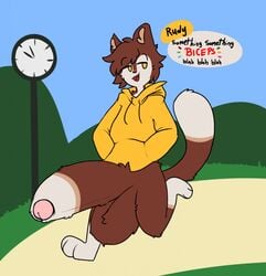 1boy 2020 animal_crossing anthro balls brown_fur brown_hair caeleste cat cat_ears cat_tail catboy clothing dialogue english hoodie hyper_balls hyper_penis male male_anthro male_only nintendo penis rudy_(animal_crossing) solo solo_male text text_bubble yellow_hoodie