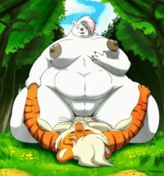 animated anthro bouncing_breasts cowgirl_position furry gillpanda hand_on_breast hands_on_thighs large_ass large_breasts lily_(emberwick) male/female overweight overweight_female panda reyriders thick_thighs tiger