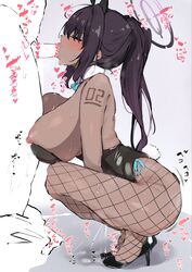 1boy ahoge animal_ears arm_tattoo bare_shoulders black_hair blue_archive blue_bow blue_bowtie blush bow bowtie breasts choker closed_eyes dark-skinned_female dark_skin fake_animal_ears fellatio female female_ejaculation fingering fishnet_legwear fishnets halo high_heels highres karin_(blue_archive) karin_(bunny)_(blue_archive) lactation large_breasts long_hair masturbating_during_fellatio masturbation millennium_science_school_student narusan_beam2 nipple_slip nipples number_tattoo oral penis playboy_bunny puffy_nipples pussy_juice rabbit_ears rabbit_tail sideboob squatting straight sweat tail tattoo