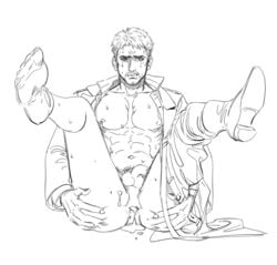 1boy abs after_sex anderain ass_grab attack_on_titan bare_pectorals blonde_hair clothes_pull cum cum_in_ass facial_hair feet goatee grabbing_own_ass greyscale implied_yaoi jacket male male_focus male_only marley_military_uniform monochrome navel nipples open_clothes open_jacket pants pants_pull pectorals penis reiner_braun shingeki_no_kyojin short_hair solo spread_legs tearing_up testicles thick_thighs thighs