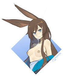 alternate_hairstyle amiya_(arknights) animal_ears arknights artist_name blue_eyes blush breasts brown_hair closed_mouth clothes_pull commentary cum cum_on_body cum_on_breasts cum_on_hair dark_nipples embarrassed english_commentary eyebrows_visible_through_hair facial female furrowed_brow hair_between_eyes hair_down long_hair looking_at_viewer medium_breasts nipples paavuchi rabbit_ears sidelocks simple_background solo topless upper_body white_background