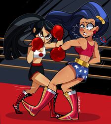 2girls amazon boxing boxing_gloves boxing_match boxing_ring bruise cleavage dc_comics dc_super_hero_girls diana_prince diana_prince_(shg) female female_only light-skinned_female littlewitchnsfw multiple_girls red_boxing_gloves red_gloves ryona tatsu_yamashiro tatsu_yamashiro_(shg) thick_thighs wide_hips wonder_woman wonder_woman_(series)