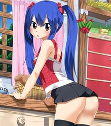 1girls :< arched_back arm_support ass blue_hair blush bottomless brown_eyes cute fairy_tail leaning_forward long_blue_hair long_hair looking_at_viewer open_mouth planeptune presenting_ass small_breasts standing wendy_marvell