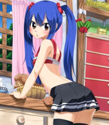 1girls :< arched_back arm_support ass blue_hair blush bottomless brown_eyes cute fairy_tail leaning_forward long_blue_hair long_hair looking_at_viewer open_mouth planeptune presenting_ass small_breasts standing wendy_marvell