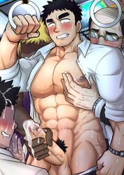 4boys abs bara bare_pectorals blush boner business_suit collared_shirt covered_nipples cum dark-skinned_male dark_skin dress_shirt dress_socks drooling ejaculation english_commentary erection facial facial_hair feet_out_of_frame gangbang gay glasses goatee grabbing groping group_sex handjob highres large_pectorals male male_focus male_only male_pubic_hair male_underwear male_underwear_pull mature_male multiple_boys muscular muscular_male my_senpai_is_annoying navel necktie nipples old old_man open_clothes open_shirt pectoral_grab pectorals penis pubic_hair public_indecency public_transportation salaryman senpai_ga_uzai_kouhai_no_hanashi shirt short_hair sideburns sleeves_rolled_up socks solo_focus stomach stubble suit sweat takeda_harumi_(shiromanta) thick_eyebrows tofuboyz train_interior ugly_man uncensored underwear veins veiny_penis watch wristwatch yaoi