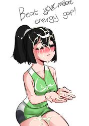 black_hair blush closed_eyes covered_in_cum cum cum_in_hair green_shirt green_shorts milo-chan milo_(drink) mouth_closed nestle ponytail sitting text tomarusan volleyball_uniform