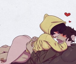 <3 1boy 1boy1girl 1girls ambiguous_penetration black_hair blush brown_hair clothed coat covered_eyes cowgirl_position cute female fingers_through_hair grabbing_hair hands_on_hips hands_on_waist heart hearts holding_hair human kenbr_arts kissing little_nightmares little_nightmares_2 male outerwear pale_skin pantsless raincoat seven_(little_nightmares) six_(little_nightmares) straight wholesome yellow_raincoat