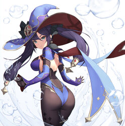 ass black_hair bubbles clothed clothing female genshin_impact hat mona_(genshin_impact) morung solo tagme witch_hat