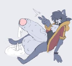 1boy animal_ears anthro balls blue_fur caeleste clothing cum femboy fur hyper hyper_balls hyper_penis male male_anthro male_only penis rye_(caeleste) solo solo_male tail topwear