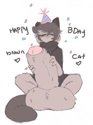 1boy animal_ears anthro balls birthday bottomless caeleste femboy fur hyper hyper_balls hyper_penis jayde_(caeleste) male male_anthro male_only penis solo solo_male tail topwear