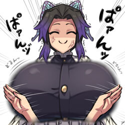 1boy 1girls absurd_res angry big_breasts breasts butterfly_hair_ornament closed_eyes coffeelove68 demon_slayer disembodied_hand female hair_ribbon high_resolution huge_breasts kimetsu_no_yaiba kochou_shinobu smile text translation_request trembling two_tone_hair upper_body vein veiny_face