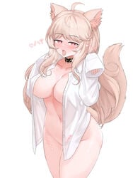 absurdres ahoge animal_ears bangs blonde_hair blush breasts cat_ears cat_girl cat_tail choker collarbone eyebrows_visible_through_hair female hands_up heart heart_choker highres lactation large_breasts long_hair looking_at_viewer naked_shirt navel open_clothes open_mouth open_shirt original pussy_juice red_eyes riba shirt sleeves_past_wrists solo tail tongue tongue_out white_shirt