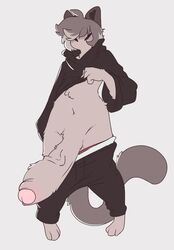 1boy animal_ears anthro balls black_bottomwear black_hoodie black_topwear bottomwear bottomwear_down caeleste clothing femboy fur hoodie hoodie_lift hyper hyper_balls hyper_penis jayde_(caeleste) male male_anthro male_only mouthless penis solo solo_male tail topwear topwear_lift