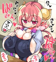 breasts commentary_request erect_nipples erect_nipples_under_clothes female gradient_hair hand_on_own_chest horns huge_breasts ilulu_(dragon_maid) ilulu_(maidragon) kanikama kobayashi-san_chi_no_maidragon miss_kobayashi's_dragon_maid multicolored_hair nipples pointy_ears red_eyes red_hair seductive_smile see-through_shirt slit_pupils smile solo sweat tongue translation_request twintails two-tone_hair
