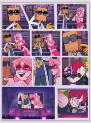 1boy 2d 2girls another-me cartoon_network clothing comic demencia_(villainous) dr._flug_(villainous) imminent_sex long_hair medium_hair miss_heed_(villainous) multicolored_hair oral pink_body pink_hair scientist superheroine villainous