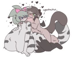 1boy 1girls animal_ears anthro anthro_on_anthro balls blue_eyes breasts caeleste female female_anthro femboy femboy_on_female fur glasses green_eyes heart heart-shaped_pupils hyper hyper_balls hyper_breasts hyper_penis jayde_(caeleste) male male/female male_anthro male_anthro/female_anthro penis tail terara_(cherrypretzel)