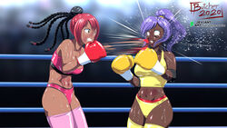 2girls 
boxing_ring boxing boxing_gloves butcherstudios catfight dark-skinned_female dark_skin female female_only fight gloves multiple_girls original original_character original_characters ponytail punch purple_hair red_boxing_gloves red_gloves red_hair thick thick_hips thick_thighs tied_hair wide_hips yellow_boxing_gloves yellow_gloves