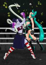 2girls black_boxing_gloves black_gloves boxing boxing_gloves boxing_ring boxing_skirt catfight crossover drawing-4ever female female_only fight gloves hair_over_one_eye hatsune_miku leviathan_(skullgirls) light-skinned_female light_skin midriff mouthguard purple_boxing_gloves purple_gloves red_eyes skullgirls squigly tagme uppercut vocaloid zombie zombie_girl