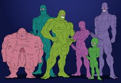 5_toes 6boys balls bio_warrior darkajugin dragon_ball dragon_ball_z erection fanart fat genetic_experiment green_skin male male_focus male_only muscular muscular_males naked penis pink_skin purple_skin short tall veiny