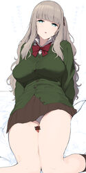 accio bangs bow bowtie breasts brown_skirt cardigan censored expressionless female green_cardigan grey_hair hair_ornament hairbow highres large_breasts long_hair looking_at_viewer miniskirt open_mouth original panties pantyshot penis red_bow red_bowtie school_uniform side_ponytail sidelocks skirt thick_thighs thigh_sex thighs underwear white_background