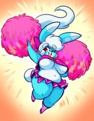 andrew_dickman anthro awd bbw belly big_belly big_breasts blue_body breasts buckteeth bunny cheerleader cheerleader_uniform chubby chubby_female cute digital_drawing_(artwork) digital_media_(artwork) exposed_stomach female furry furry_only happy jumping long_ears navel pixels_bunni pom_poms rabbit ribbon_in_hair smiling smiling_at_viewer solo solo_female underboob white_hair wink winking_at_viewer