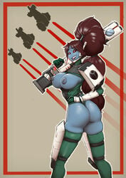 1girls 4_fingers alien alien_girl ass beam_rifle blue_skin breasts breasts_out brown_hair cleavage clothed darkminou energy_weapon farsight_enclave female female_only green_leotard grey_nipples headgear high_ponytail holding_gun large_breasts long_hair multiple_hair_ties nipples no_bra no_nose pauldrons propaganda red_sclera solo solo_female tau textless thighhighs thong_leotard warhammer_(franchise) warhammer_40k