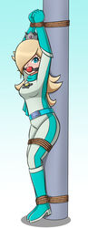 arms_above_head ball_gag bodysuit bondage bound female female_only femsub fully_clothed gag mario_(series) mario_kart nivek15 pole_tied princess_rosalina racing_suit rope rope_bondage tight_clothing