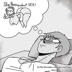 1futa bent_over better_version_at_source big_ass big_breasts blush breasts clothed clothing demon_girl fobi fully_clothed futa_only futanari horns huge_ass humanoid implied_futanari laying_down laying_on_bed meme monochrome no_nut_november solo stop_thinking_about_sex text thick_thighs thought_bubble wide_hips