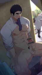 1boy abs balls bar_censor bara bare_pectorals big_penis black_hair blush business_suit censored clothes_lift clothes_pull collared_shirt dress_shirt dress_socks erect_nipples erect_penis erection exposed_nipples facial_hair feet_out_of_frame functionally_nude goatee hairless_balls highres igarashi_futaba_(shiromanta) large_pectorals long_sideburns looking_to_the_side male male_focus male_masturbation male_nipples male_only male_pubic_hair masturbating masturbation mature_male mazjojo muscular muscular_male my_senpai_is_annoying navel necktie necktie_in_mouth nipples no_male_underwear one_handed_masturbation open_shirt pants pants_around_ankles pants_down pants_pull pants_removed pecs pectorals penile_masturbation penis penis_out pointless_censoring pubic_hair purple_necktie reward_available salaryman senpai_ga_uzai_kouhai_no_hanashi shirt shirt_lift short_hair sideburns sitting socks solo solo_focus spread_legs stealth_masturbation stomach suit sweat takeda_harumi_(shiromanta) thick_eyebrows thick_thighs thighs underpec veiny_penis white_shirt