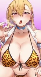 1girls 2021 bikini blonde_hair blush boryeon_(last_origin) breasts cleavage ear_piercing fellatio_gesture female female_only gyaru hi_res huge_breasts last_origin leopard_print leopard_print_bikini light-skinned_female light_skin long_hair looking_at_viewer naughty_face painted_nails purple_eyes purple_hair simple_background solo squatting suggestive_gesture suggestive_look thick_thighs thighs tinnies tongue tongue_out two_tone_hair visible_breath wip work_in_progress