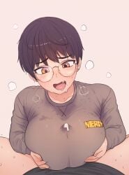 1boy 1girls androgynous bangs big_breasts black_hair black_shirt blush breasts breasts_squeezed_together clothed clothed_female clothed_sex clothes_writing color colored cum cum_between_breasts cum_in_clothes cum_on_body cum_on_breasts cum_on_chest cum_on_clothes cum_on_upper_body cum_through_clothes cum_through_clothing ear_piercing ejaculation_between_breasts ejaculation_under_clothes faceless_male fang female female_focus freckles fully_clothed glasses grey_background grey_shirt hetero hi_res highres large_breasts long_sleeves male male_pov mole mole_under_mouth monamin nerd open_mouth orange_eyes original outercourse paizuri paizuri_under_clothes piercing pov round_eyewear round_glasses saliva sex shirt short_hair simple_background steam straight sweat sweat_string thomas_hewitt tomboy uncensored upper_body very_short_hair wet wet_clothes