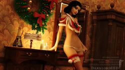 3d athletic athletic_female bioshock bioshock_infinite black_hair blue_eyes breasts burial_at_sea christmas christmas_outfit darklordiiid elizabeth_comstock eyeshadow female female_focus female_only hourglass_figure lipstick long_hair makeup mascara navel noel_aux_fraises pale-skinned_female pale_skin skimpy skimpy_clothes small_breasts solo standing stockings tagme undressing wide_hips