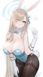 1girls 2021 :d absurdres animal_ears asuna_(blue_archive) asuna_(bunny)_(blue_archive) bare_shoulders black_legwear blonde_hair blue_archive blue_bow blue_bowtie blue_eyes blue_leotard bow bowtie breasts bunny_ears bunny_girl bunny_tail bunnysuit cleavage covered_navel cowboy_shot detached_collar fake_animal_ears fake_tail female female_focus female_only gloves grin hair_over_one_eye hairband halo hand_up heart highres large_breasts leaning_forward leotard long_hair looking_at_viewer mole mole_on_breast open_mouth pantyhose playboy_bunny simple_background smile solo solo_female speech_bubble spoken_heart strapless strapless_leotard tail teeth thighband_pantyhose very_long_hair white_background white_gloves white_hairband xing