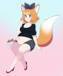 big_breasts blue_eyes bow clothed food fox_ears fox_tail orange_fur orange_hair pleroma pregnant