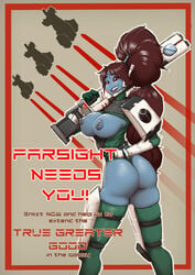 1girls 4_fingers alien alien_girl ass beam_rifle blue_skin breasts breasts_out brown_hair cleavage clothed darkminou energy_weapon english_text farsight_enclave female female_only green_leotard grey_nipples headgear high_ponytail holding_gun large_breasts long_hair multiple_hair_ties nipples no_bra no_nose pauldrons propaganda red_sclera solo solo_female tau text thighhighs thong_leotard warhammer_(franchise) warhammer_40k