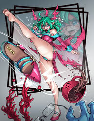 atrene barefoot blood clothed clothed_female clothing coffee feet green_eyes green_hair high_heels karosu-maker kicking notepad oc pantyshot pointy_ears shoes_removed soles toes