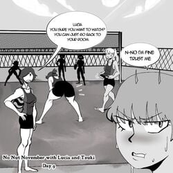 1futa 6girls back back_view bent_over better_version_at_source big_ass big_breasts blush breasts clothed clothing demon_girl dialogue embarrassed female fobi fobster fully_clothed futanari horns human looking_away looking_back monochrome multiple_girls no_nut_november standing text volleyball volleyball_net volleyball_uniform