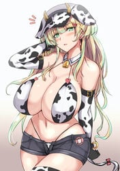 1girls 2020s 2021 animal_print armwear bare_shoulders bikini bikini_top blonde_hair blush breasts cleavage cow_print cow_print_armwear cow_print_bikini detached_collar earrings elbow_gloves female female_focus female_only gloves green_eyes hair_ornament hairclip hat highres huge_breasts jewelry looking_at_viewer mole mole_on_breast navel open_mouth original original_character shorts solo solo_female swimsuit tail thighhighs yasakani_an