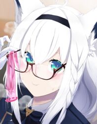 absurdres ahoge alternate_costume animal_ear_fluff animal_ears bangs black_hairband blue_bow blue_bowtie blue_eyes blue_shirt blush bow bowtie braid condom eyebrows_visible_through_hair female fox_ears fuwakuyuu glasses gloves green_eyes hair_between_eyes hairband highres holding holding_condom hololive hololive_gamers hololive_gen_1 hololive_japan looking_at_viewer official_alternate_costume portrait semi-rimless_eyewear shirakami_fubuki shirt simple_background smile solo under-rim_eyewear used_condom virtual_youtuber white_gloves white_hair