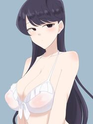 1girls 9rimson bikini_top black_hair blue_background blush breast female fringe komi-san_wa_komyushou_desu komi_shouko long_hair purple_eyes see-through_bra solo