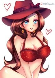 alternate_breast_size blue_eyes blush bra breasts cleavage earrings female hat heart large_breasts lingerie long_hair mario_(series) nintendo pauline softcore solo sugarbell super_mario_odyssey white_background