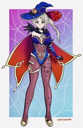 1girls alternate_costume bodystocking breasts clothed clothing cosplay crossover edelgard_von_hresvelg female fire_emblem fire_emblem:_three_houses genshin_impact hat johncaden looking_at_viewer mona_(genshin_impact)_(cosplay) nintendo ponytail side_ponytail smile solo witch witch_hat