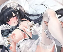 absurdres ann_(ann58533111) azur_lane bare_shoulders black_hair blush breasts cross cum cum_on_hair elbow_gloves eyebrows_visible_through_hair facial female flower gloves hair_flower hair_ornament highres iron_cross lactation large_breasts long_hair looking_at_viewer nipples official_alternate_costume peter_strasser_(azur_lane) purple_eyes rose solo spread_legs thighhighs very_long_hair white_flower white_gloves white_legwear white_rose