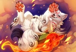 2021 amaterasu ankle_tuft anus bodypaint butt_tuft canid canine canis capcom cheek_tuft claws clitoral_hood clitoris deity dipstick_tail english_text facial_markings facial_tuft female feral fire floating fluffy fluffy_paws fluffy_tail fur genitals hand_on_stomach head_markings hioshiru inner_ear_fluff leg_tuft lying mammal markings neck_tuft okami on_back open_mouth paw_on_stomach pawpads paws presenting pussy quadruped shoulder_tuft smile smoke smug solo tail_markings teeth text tuft weapon white_fur wolf