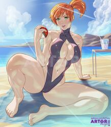 1girls alternate_breast_size arttoru asymmetrical_hair beach big_breasts blush bra breasts eyelashes female female_only game_freak gen_1_pokemon green_eyes hair_between_eyes hair_tie high_resolution holding human human_only kasumi_(pokemon) misty_(pokemon) navel nintendo nipples nude open_mouth orange_hair pokemon pokemon_rgby ponytail short_hair side_ponytail smile solo swimsuit tan tan_skin tied_hair