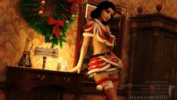 3d athletic athletic_female bioshock bioshock_infinite black_hair blue_eyes breasts burial_at_sea christmas christmas_outfit darklordiiid elizabeth_comstock eyeshadow female female_focus female_only hourglass_figure lipstick long_hair makeup mascara navel noel_aux_fraises pale-skinned_female pale_skin skimpy skimpy_clothes small_breasts solo standing stockings tagme undressing wide_hips