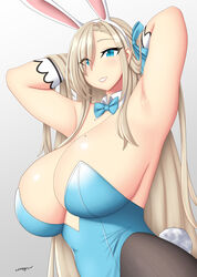 1girls 2021 armpit arms_up asuna_(blue_archive) asuna_(bunny)_(blue_archive) blue_archive blue_bow blue_eyes blue_leotard bow breasts bunny_ears bunny_girl bunnysuit covered_nipples curvy detached_collar eyebrows eyelashes female female_focus female_only gradient_background huge_breasts long_hair looking_at_viewer mole mole_on_breast playboy_bunny plump simple_background smile solo solo_female somegu teeth upper_body